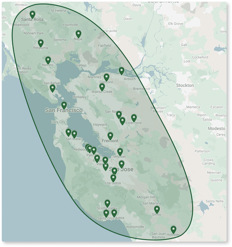 Map of Infinium solar, roofing, and electrical service areas across the Bay Area