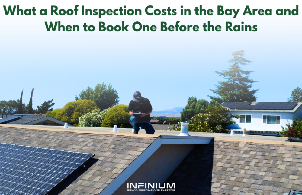 Roofing professional inspecting a roof with text on the image reading "What a Roof Inspection Costs in the Bay Area and When to Book One Before the Rains"